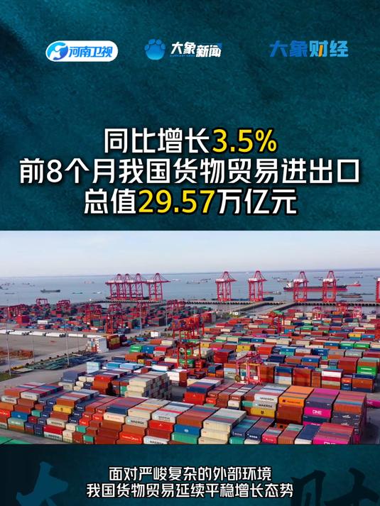 同比增长3.5% 前8个月我国货物贸易进出口总值达29.57万亿元